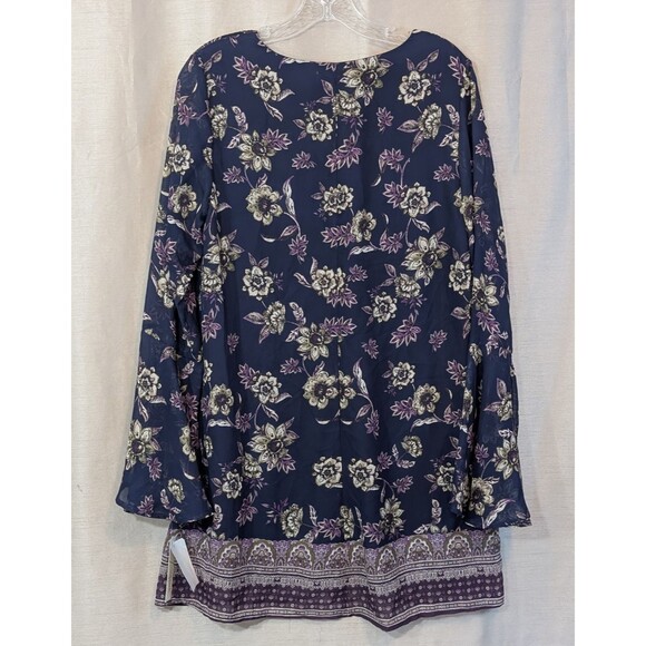 Women's LARGE Top Floral V Neck Long Ruffle Bell Sleeve Tunic Flowy Bohemian - Picture 4 of 14